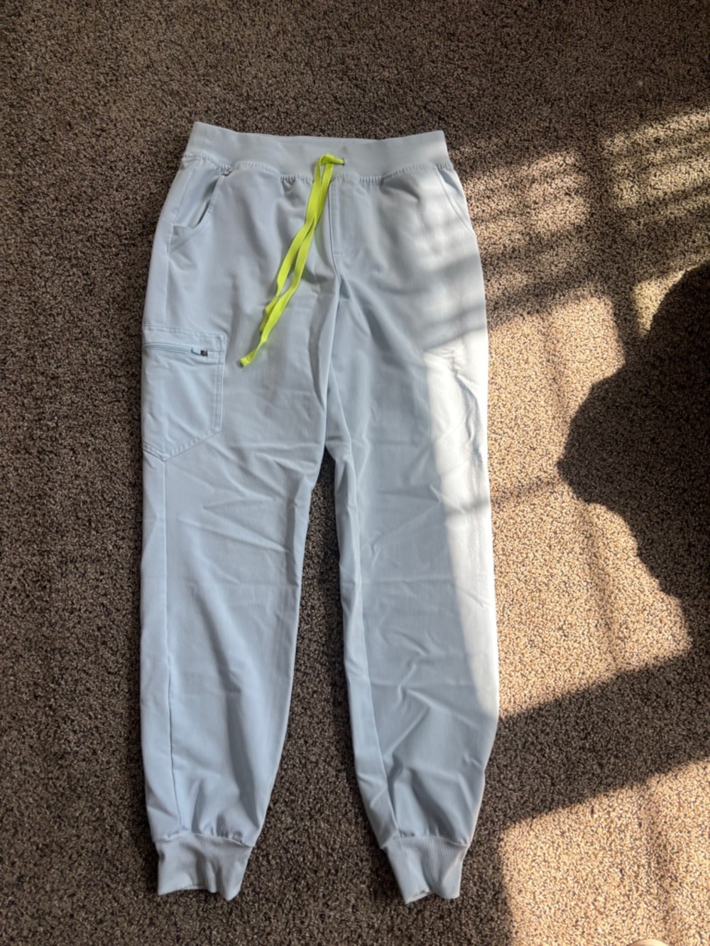 Figs Women's Light Blue Jogger Scrub Pants with Neon Yellow Drawstring